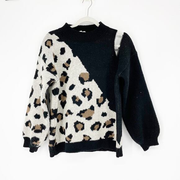 Vine & Love Leopard Print Cutout Knit Black Sweater Medium - Picture 1 of 6